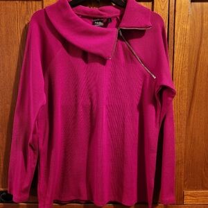 Rafaella Red Cowl Neck Pullover Sweater  Relaxed Fit off set zippered collar EUC